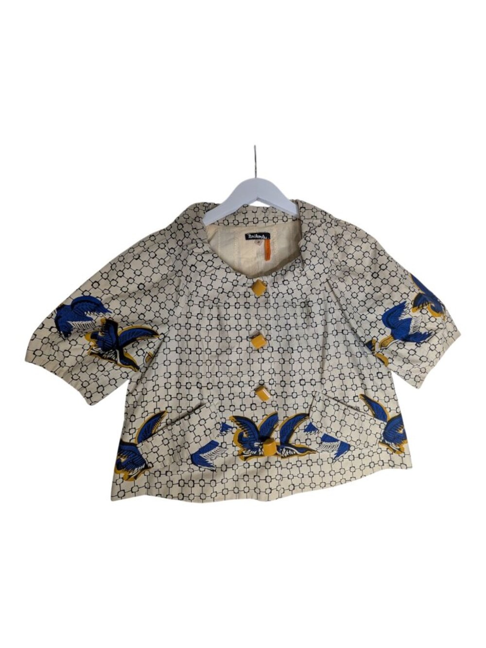 Taikonku Anthropologie Cirikli Bird Print Retro Cropped Jacket Size 8 Blue & Yel - Picture 2 of 11